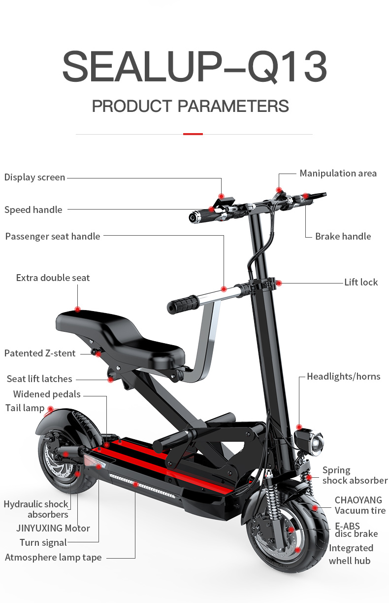 E-Scooter Skateboard 48V 1000W 2 Wheel Adult Foldable Electric Scooter with Baby Seat Electric Scooter